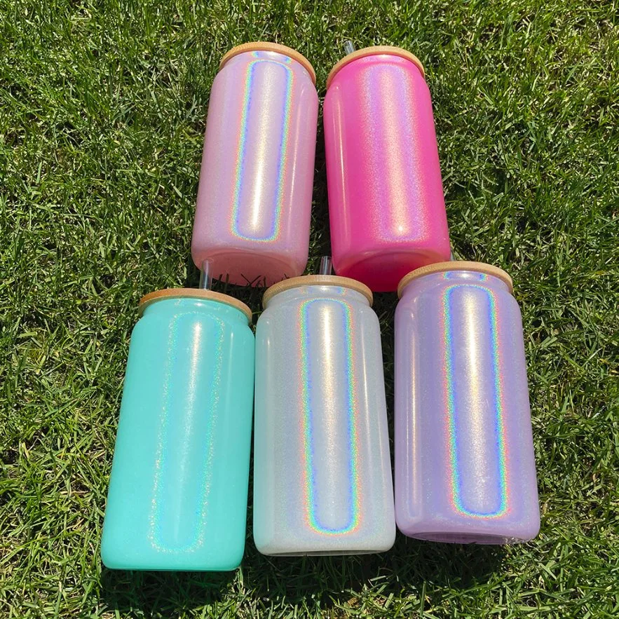 USA Warehouse Sparkle Shiny Glitter Glass Can Bulk White Glitter Shimmer Can Glass Mug Blue Pink White Silver Purple Soda Beer Coffee Tumbler Cups USA Warehouse