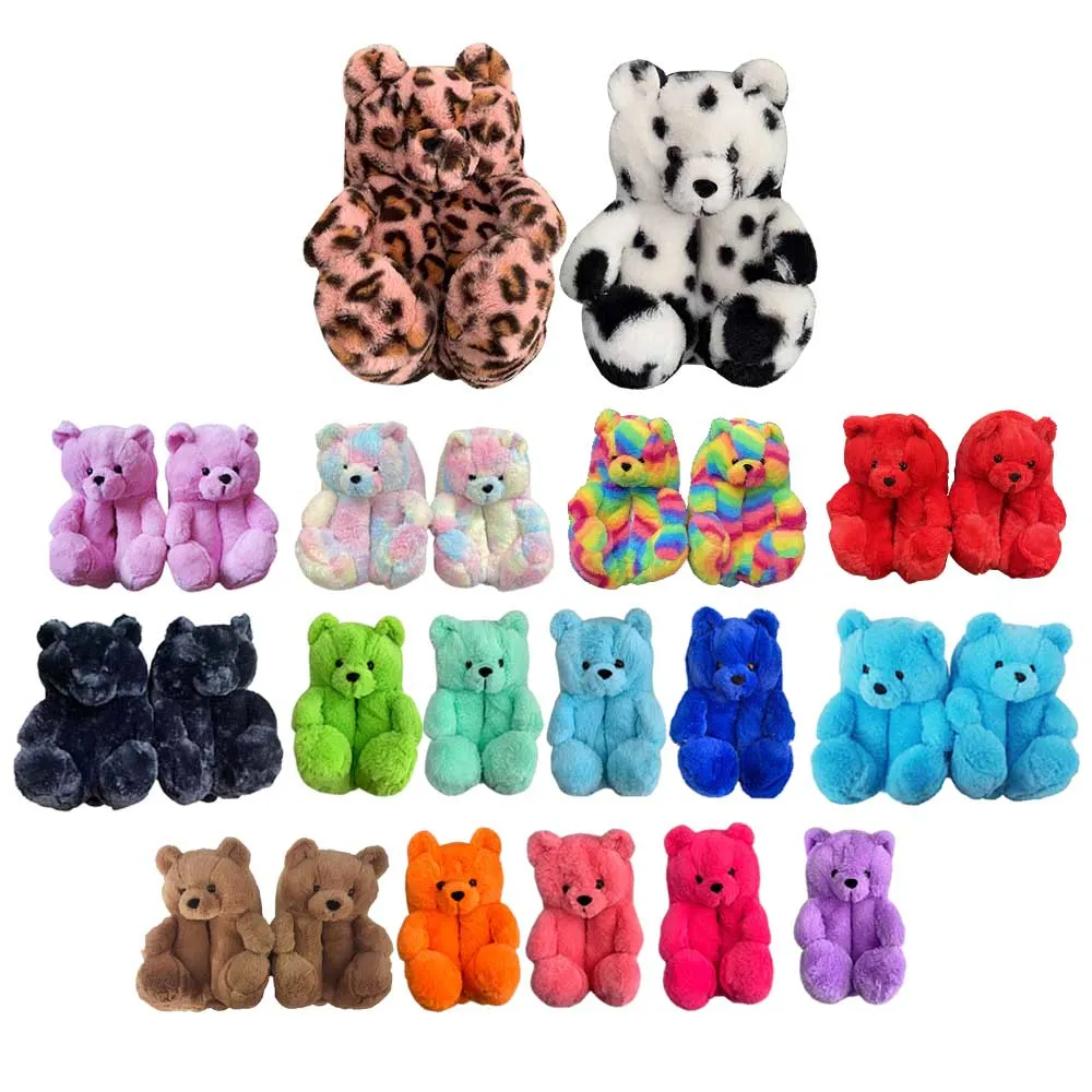 Teddy Bear Women Plush Fur Slippers Cartoon House Shoes Indoor Flip Flops Winter Warm Furry Slides Footwear