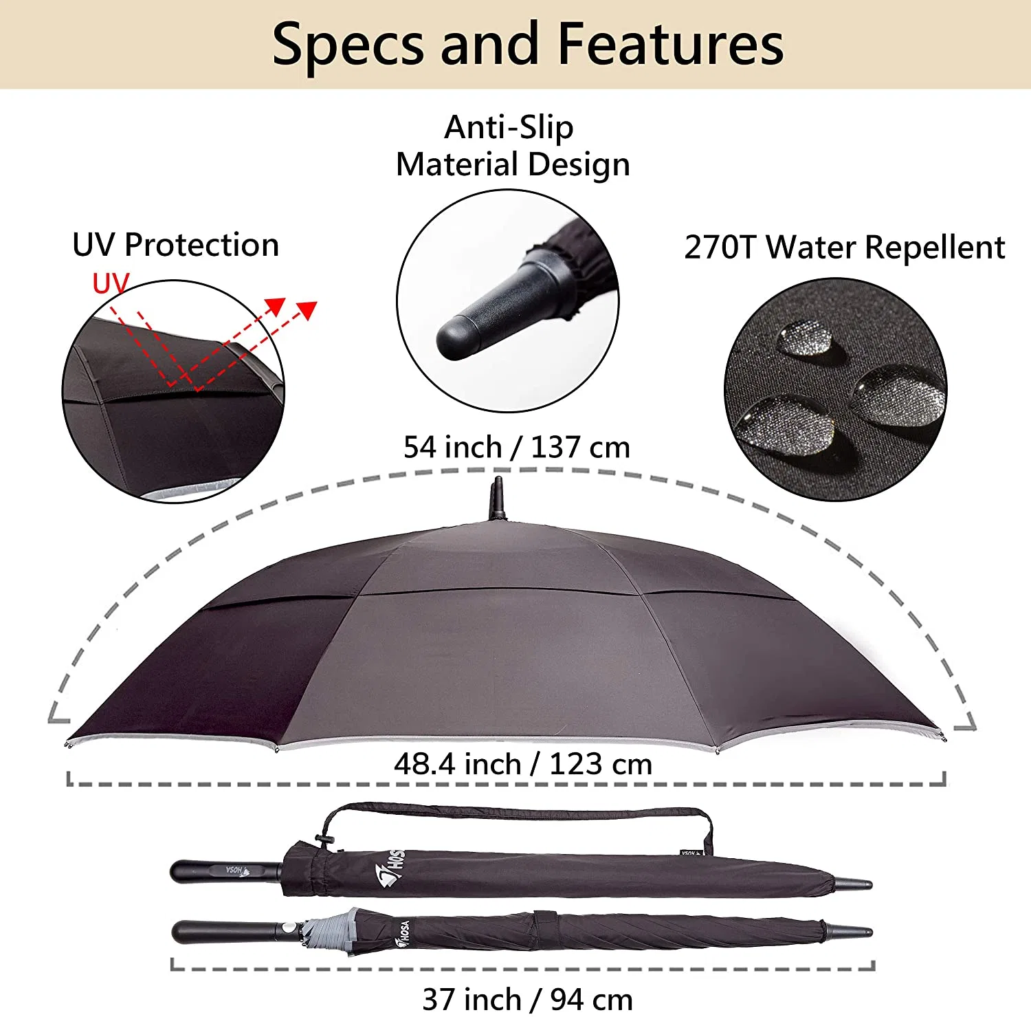 Auto Open Large Golf Umbrella Fully Reinforced Fiberglass Ribs Night Safety Reflective Strip Windproof Waterproof UV Protection Anti-Slip Handle (Black 54-inch)