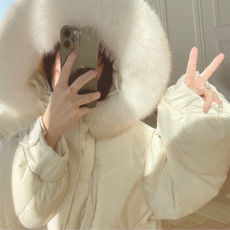 Best Sales 2023 New MID-Length Fox Fur Collar Luxury Puffer Women White Duck Down Jacket