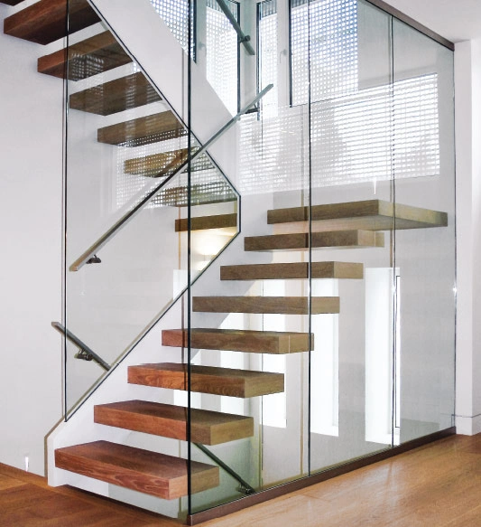 Carbon Steel Metal Wood Marble Step with Safety Glass Handrail