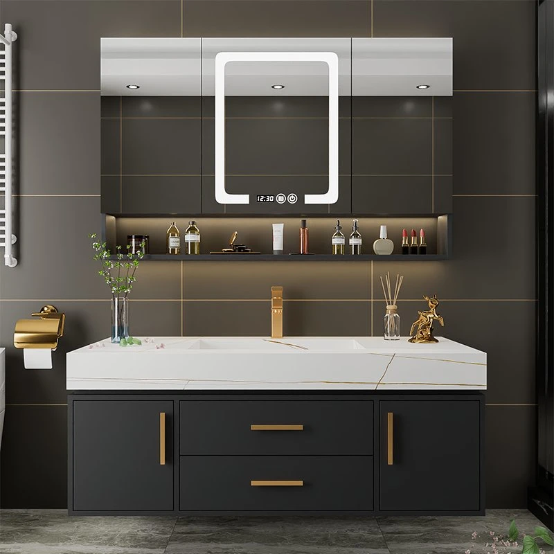 Luxury Floating Bathroom Vanity Supplier Mirror Cabinet Modern Matte Black Wall Mounted Bathroom Vanity Set