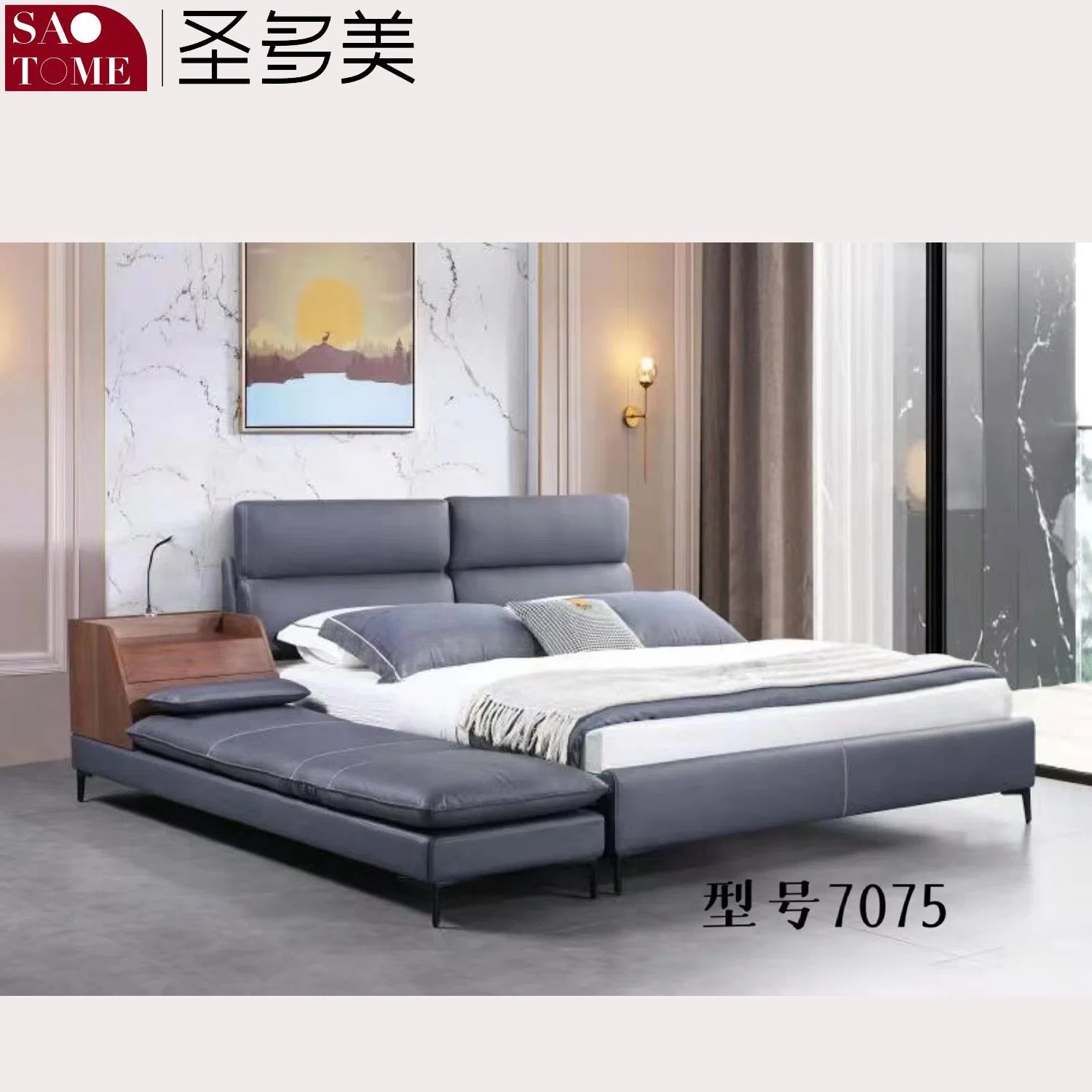 Modern Solid Wooden Home Bedroom Hotel Furniture Leather Double King Bed