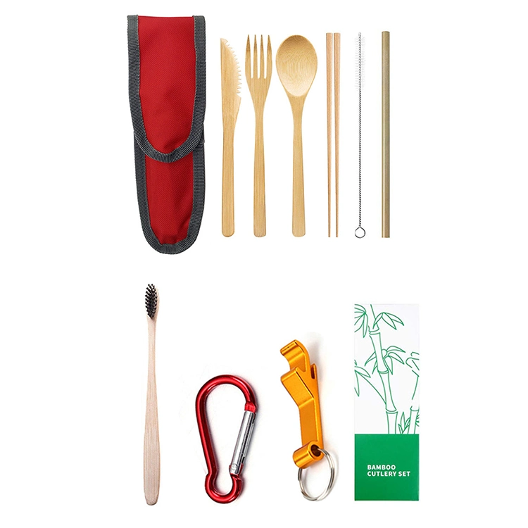 Eco Friendly Bamboo Fork Knife Spoon Straw Biodegradable Travel Utensil Set Pouch Bamboo Cutlery Set