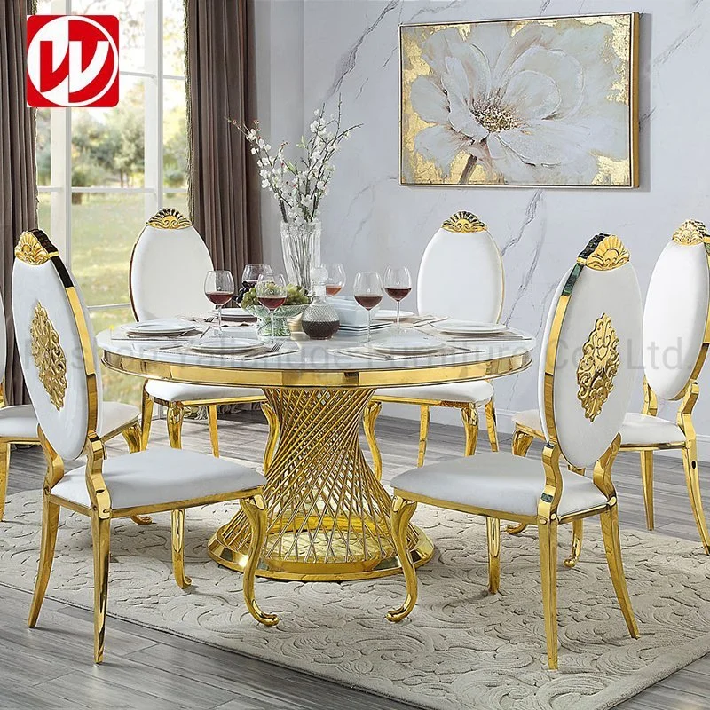 Modern Design Esszimmer Möbel Marmor Esstisch mit Gold Bankettstühle Aus Edelstahl