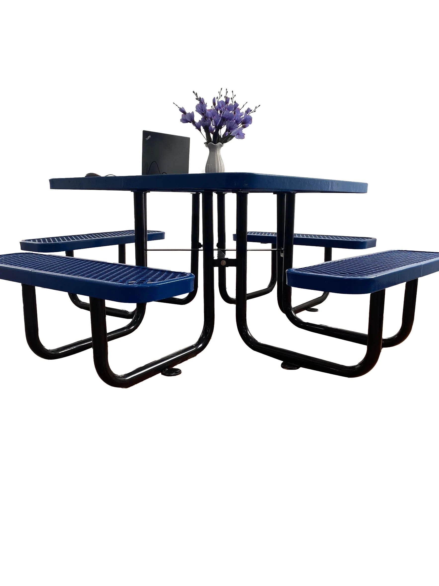 OEM 46" Outdoor Square Table and Chairs Set, Blue Camping Metal Picnic Table, Expanded Metal, with Umbrella Hole