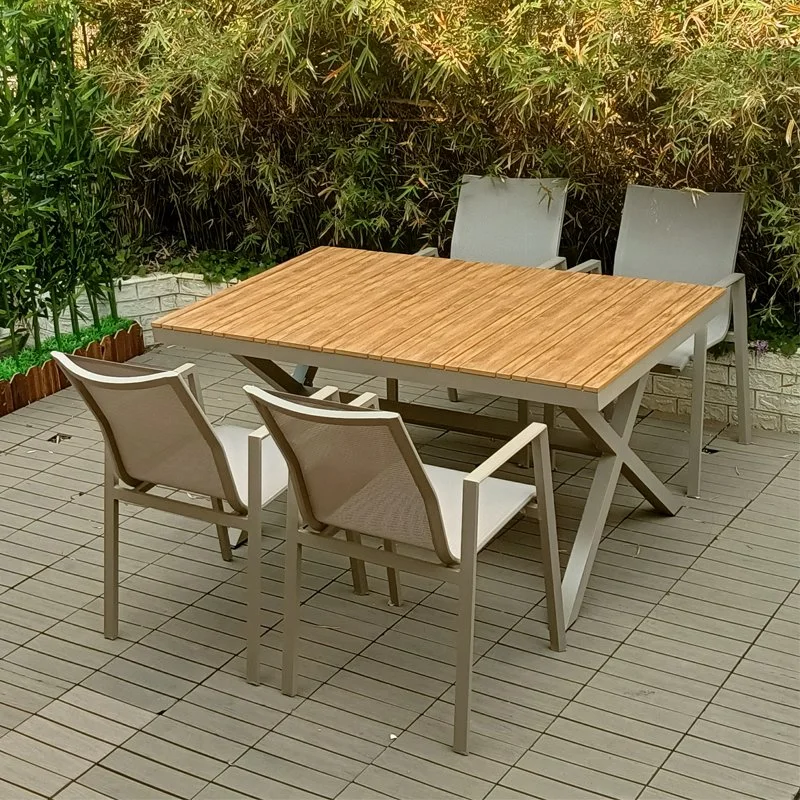 Muebles de jardín mesa de comedor y sillas Juego de patio de estilo moderno marco de aluminio acabado madera cuerda tejer juego de comedor Muebles de Patio al Aire Libre ratán