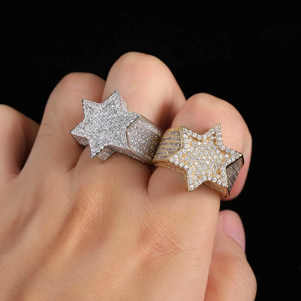 European and American New Hiphop Micro - Inlaid Zircon Hexawn Star Men's Ring Real Gold Electroplating Personality Exaggerated Hiphop Ring