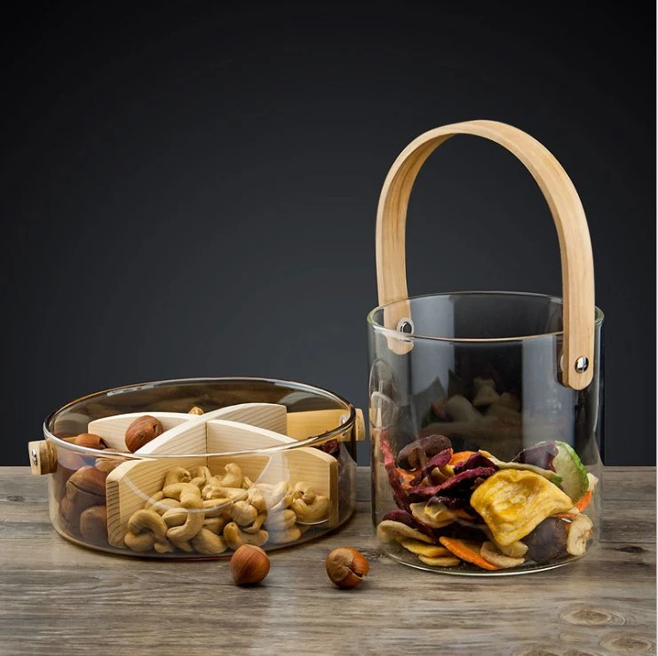 Portable Glass Fruit Tray Transparent Ice Wine Bucket Snack Fruit Storage Basket with Wooden Handle