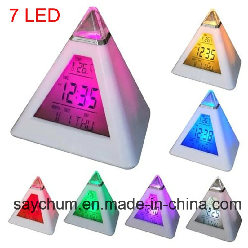 Charminer 7 LED Pyramid Change Colour Digital Clock with Date Alarm Temperature Alarm Clock ABS Electronic Component