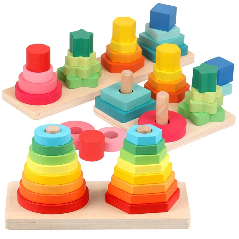 Early Childhood Educational Wisdom Geometric Four Sets of Columns Wooden Building Sorting Block Toys