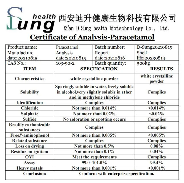 Antipyrétique CAS 103-90-2 paracétamol paracétamol de pureté des matières premières de l'Acétaminophène paracétamol