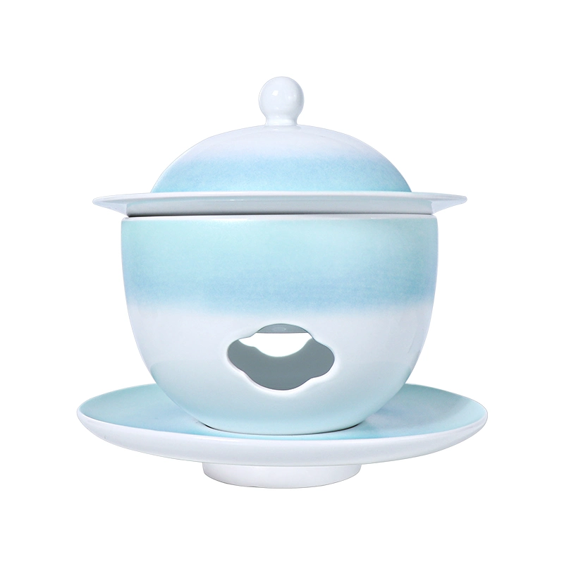 Blue White Warmer Porcelain Soup Bowl with Lid and Saucer Matte Tureen