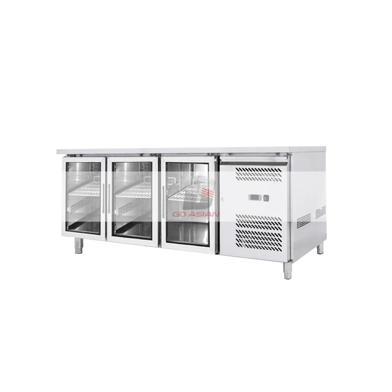 Stainless Steel Commercial Kitchen Equipment 4 Glass Door Chiller Gn Counter with Backsplash