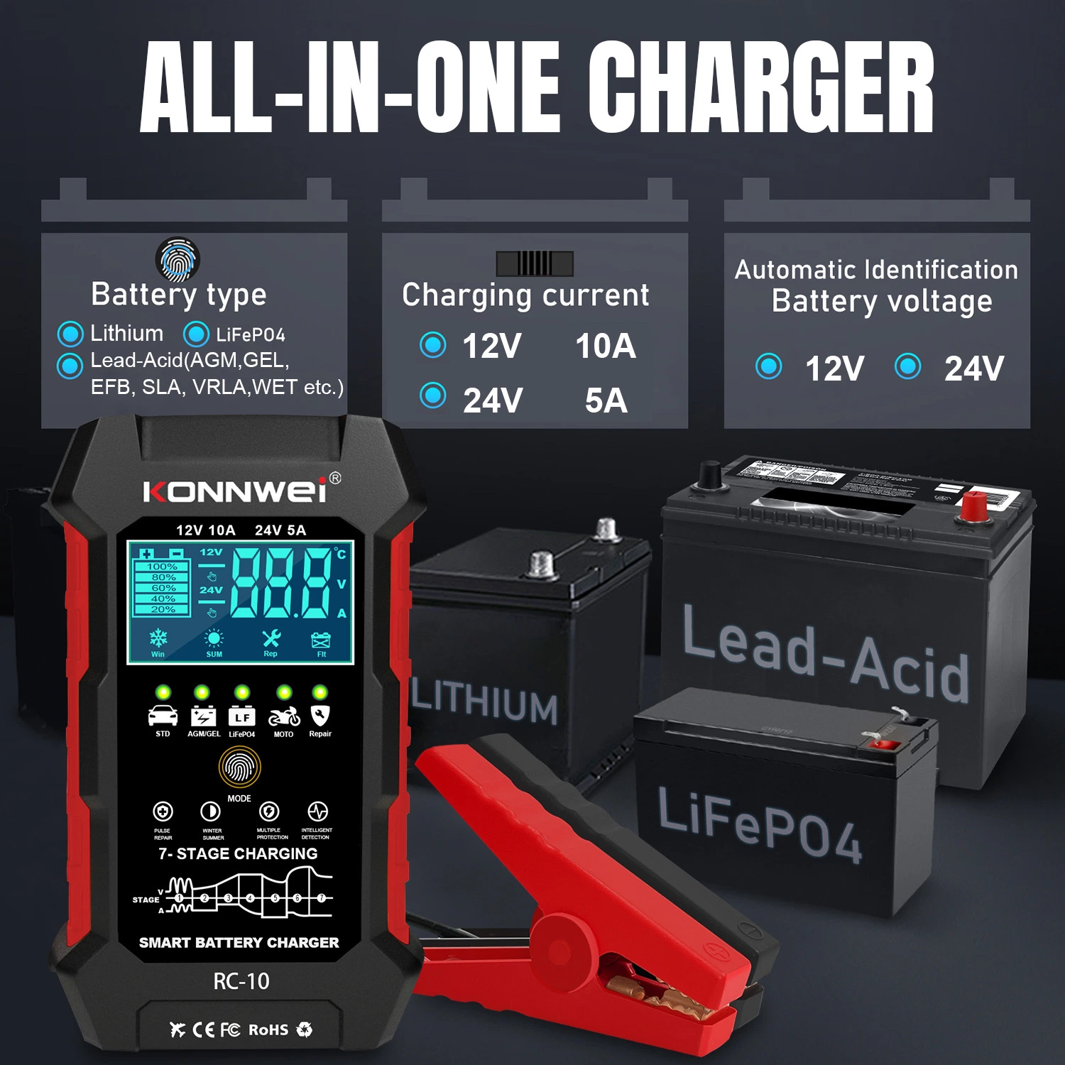 Chargeur de batterie auto intelligent RC-10 12 V/10 a 24 V/5 a avec réparation par impulsions