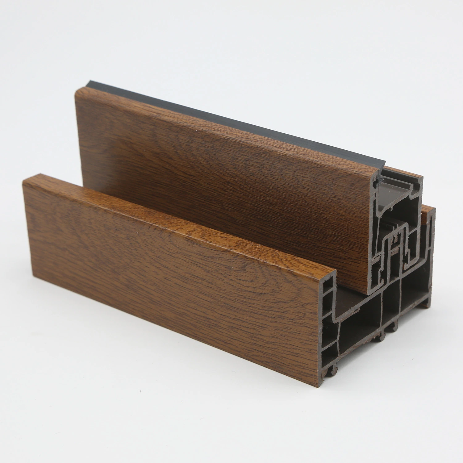 Indonesia Market Popular Laminated UPVC Profiles Dark Oak and Grey Metal Windows Profiles