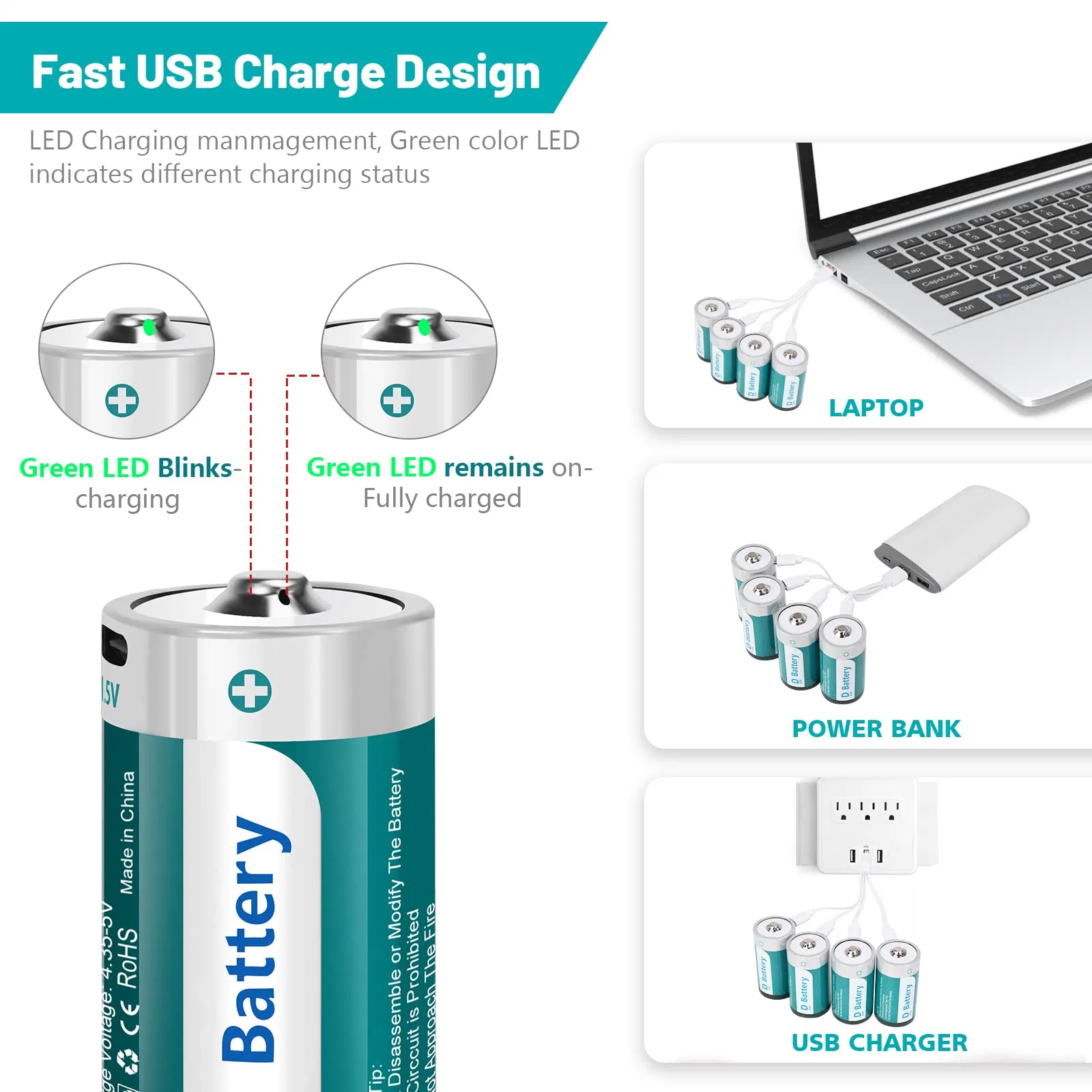 USB TIPO C, D de Iones de Litio 1,5V baterías batería recargable con protección Over-Charge