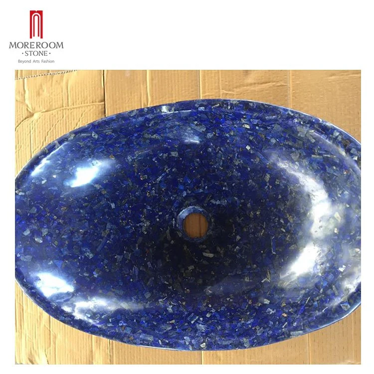 Natural Blue Gemstone Stone Oval Vanity Hotel Wash Basin Sink for Bathroom