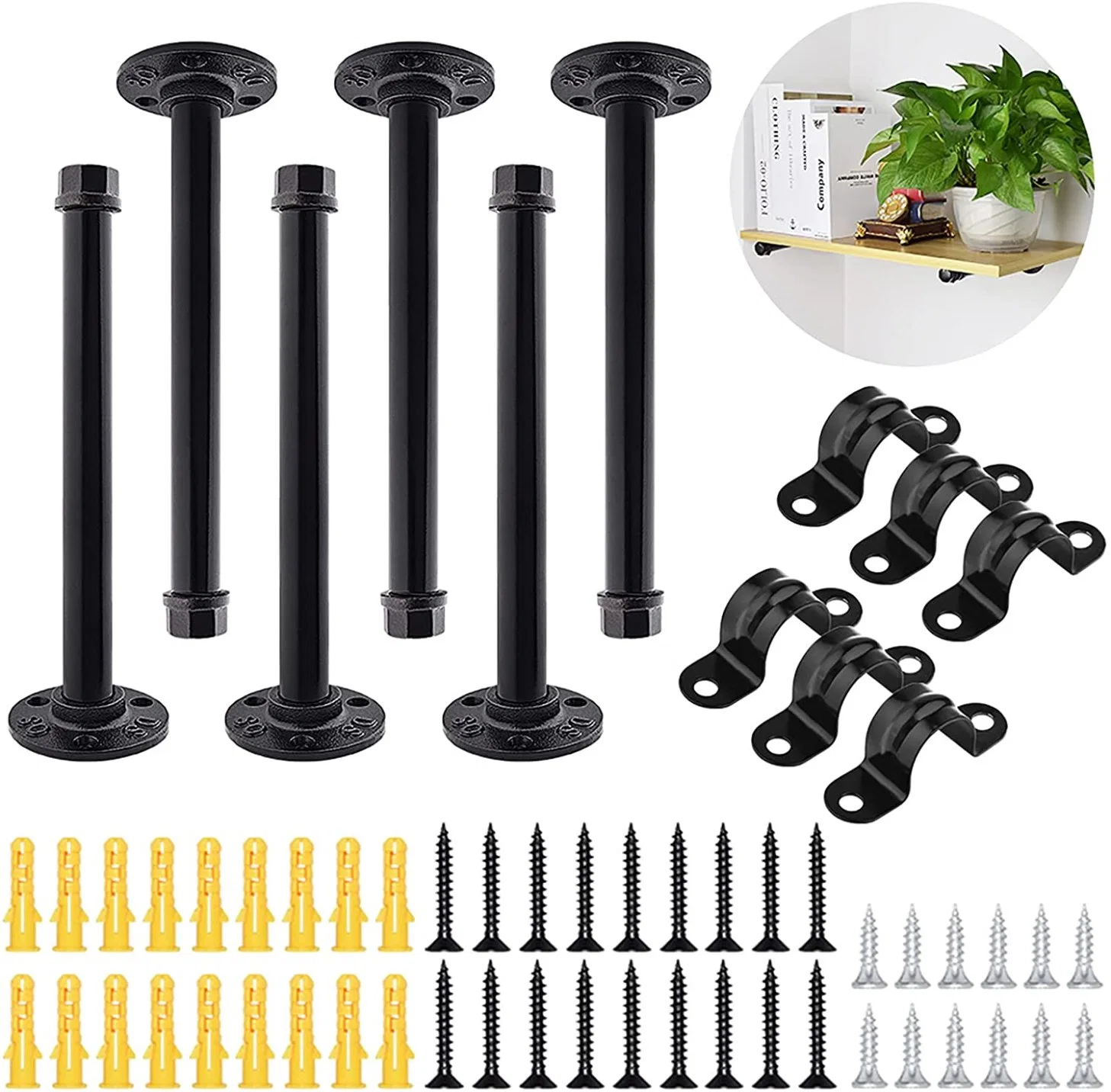 Tuyau industriel supports étagère 12 pouces de jeu de 6 étagères, tuyau rustique Heavy Duty DIY montés au mur de fer les supports d'étagères pendaison étagères noires flottants personnalisés