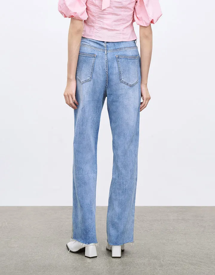 Women&prime; S Plain Raw Hem Leisure Jeans Trousers with Ripped on Front Legs Stretch Quality Denim Pants