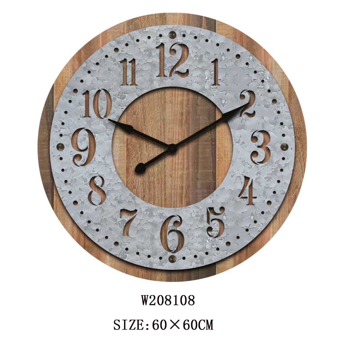 Reloj de pared de caja de madera redonda clásico con pilas Tallada Galvanized Plate números en 23,6"