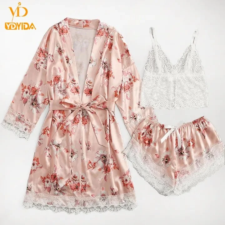 Vestido de Encaje Floral rosa arriba y abajo de 3 piezas conjuntos pijamas Sexy dormir dormir cómodo Camisón Manga Albornoz camisón de desgaste