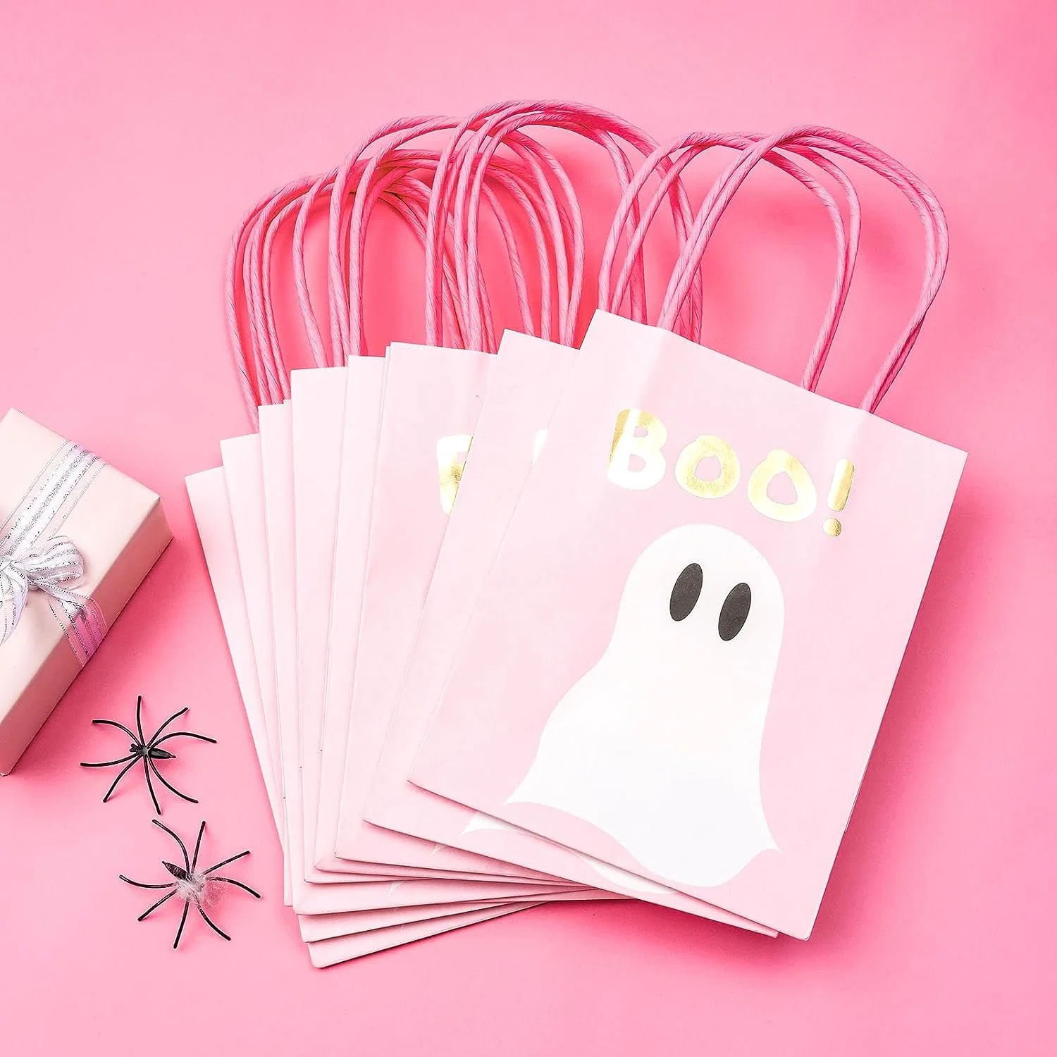 Pink Kraft Paper Gift Bags for Hallowen, Holiday, Party Gift Wrap