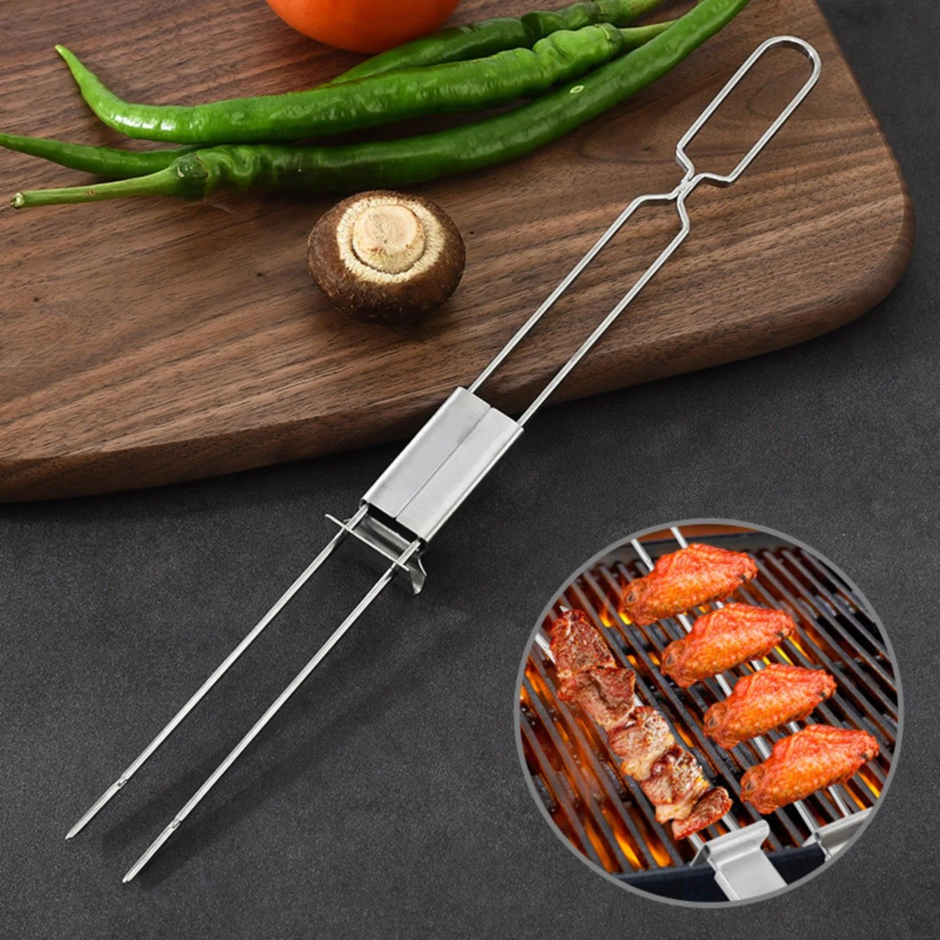 Skewers for Grilling-Long Double Pronged BBQ Skewers with Push Bar