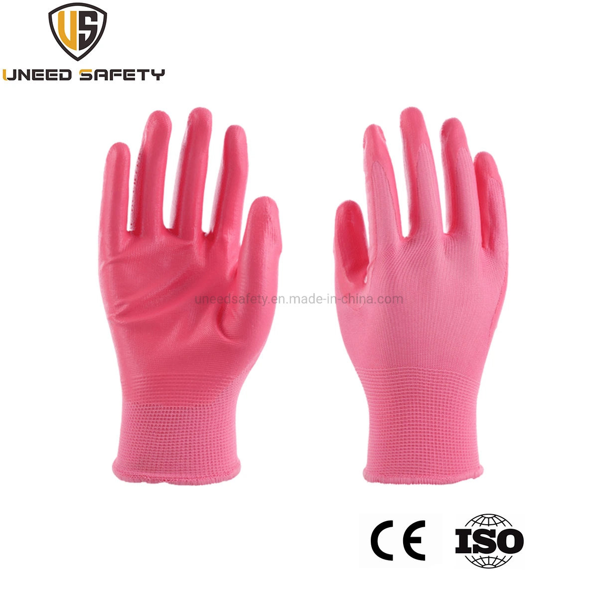 Seamless Polyester Finished Beautiful Pink Parttern Nitrile Coated Safety Working Gloves