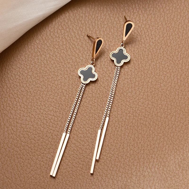 Small Fragrant Four-Leaf Clover Titanium Steel Earrings Long Earrings