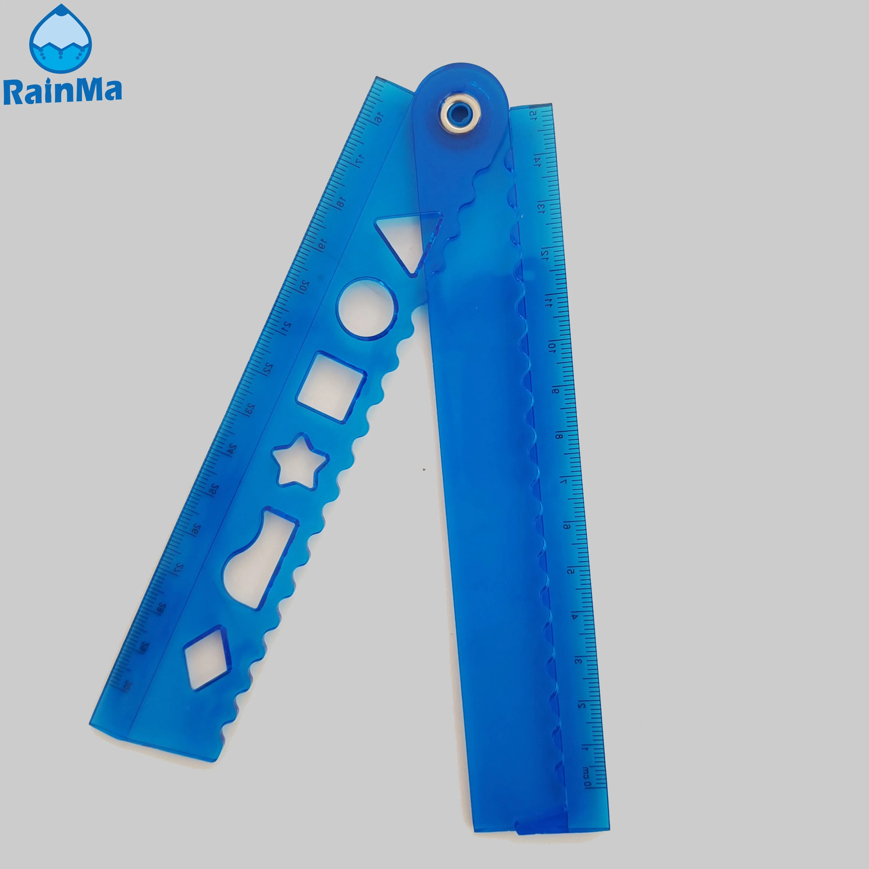 School Office Blue Plastic 30cm Folding Ruler with Irregular Graphic Stencil