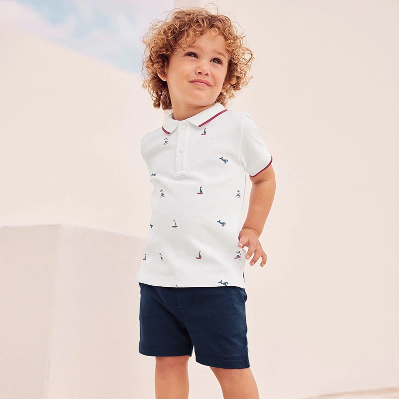 Customized Kid Boy White Color Short Sleeve Polo Shirt and Navy Shorts 2PCS Outfit Summer Children Garments