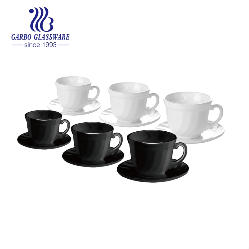 Hot Sale 6PCS Set Square Shape Black Opal Glass 220ml Tea and Coffee Drinking Set with Saucer