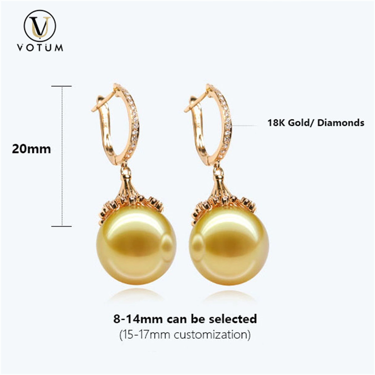 Votum OEM 18K Real Gold Diamonds Custom Seawater Pearl Hoop Eardrop Earring Wedding Jewelry