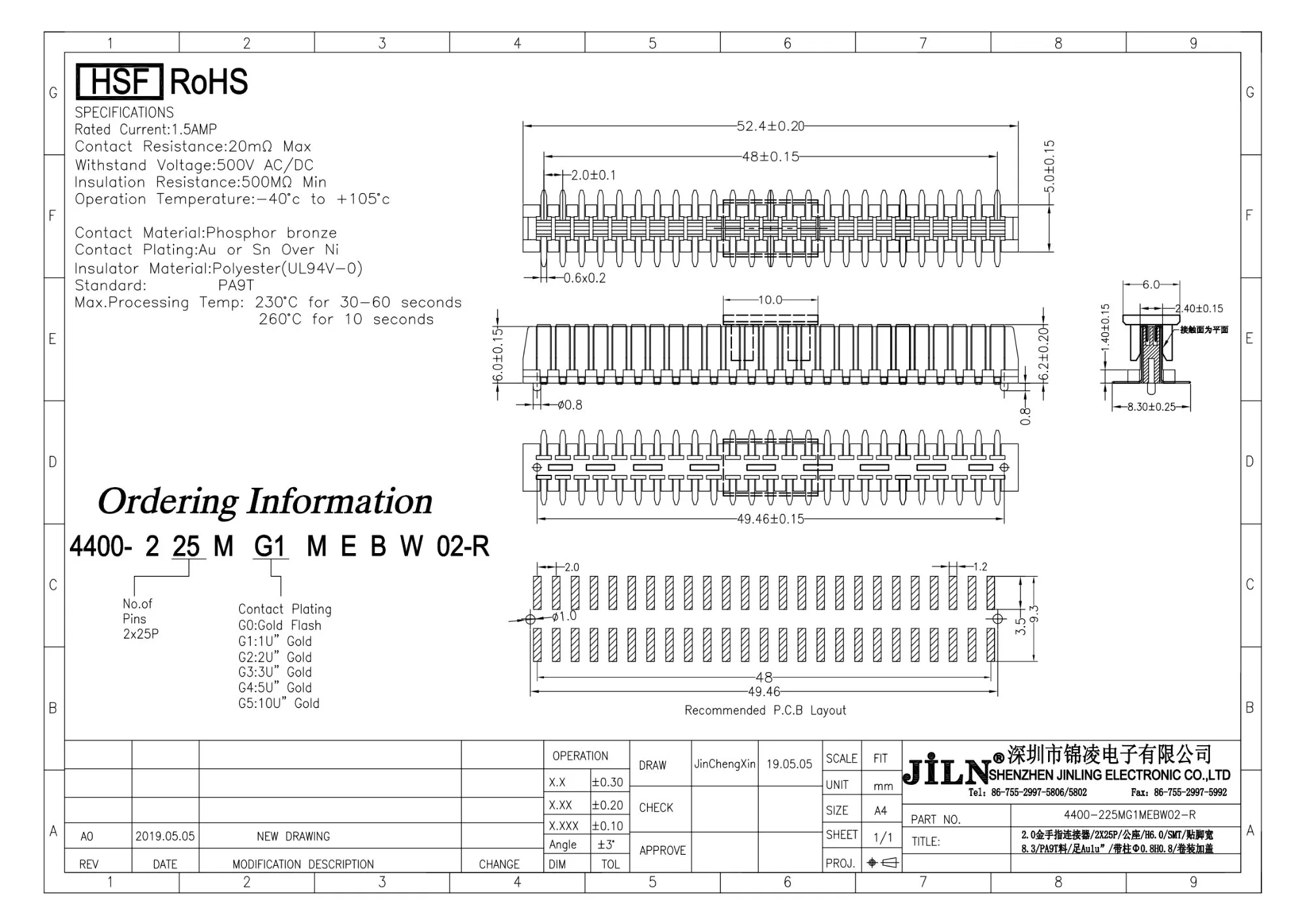 High quality/High cost performance Factory Provide Gold Plated Card Edge Connector with Cap