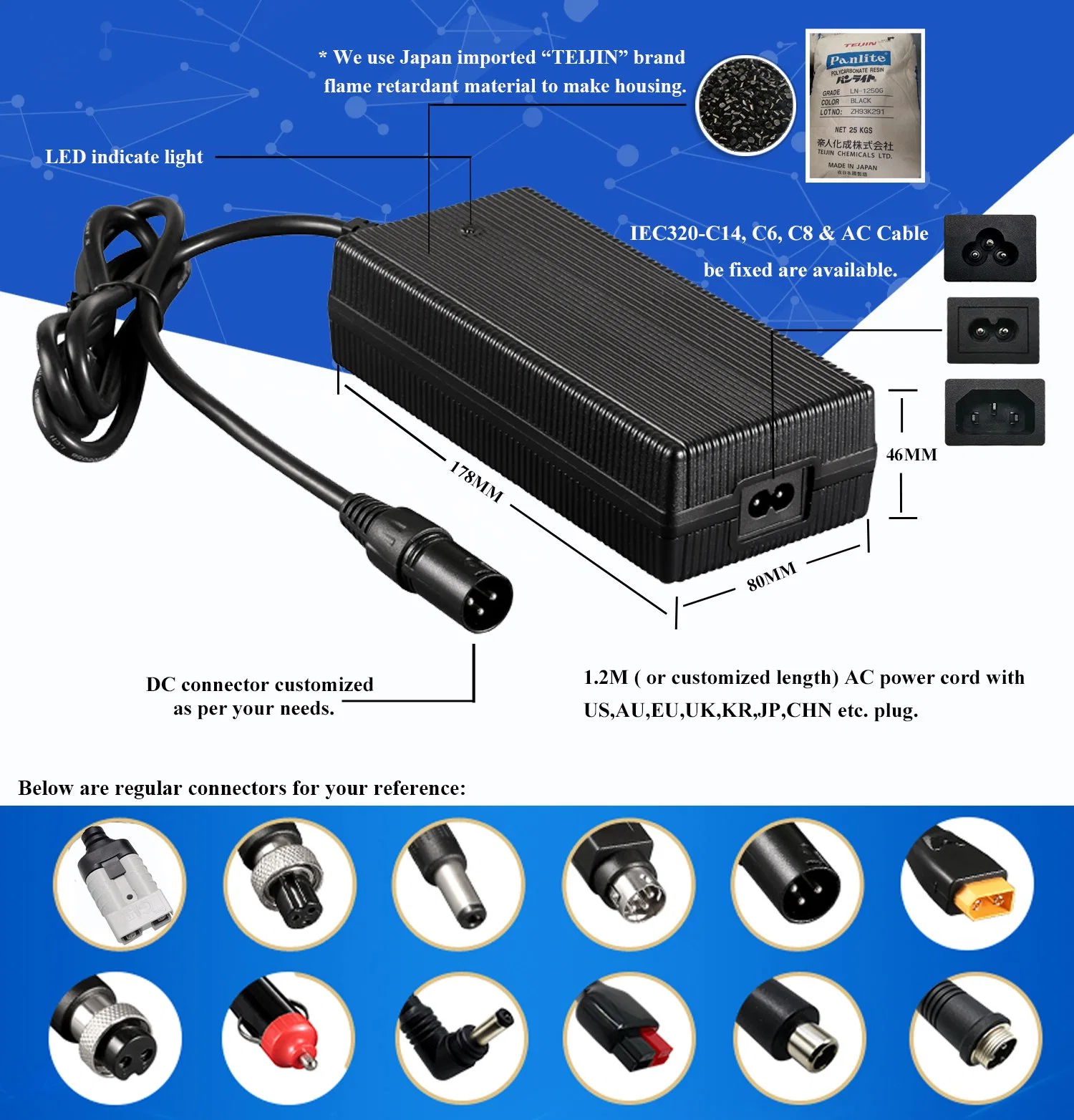 cargador de batería de iones de litio de 12V/24V/36V/48V/52V/60V/72V LiFePO4 cargador de batería para la Ebike/Scooter eléctrico/eléctrico carretilla elevadora