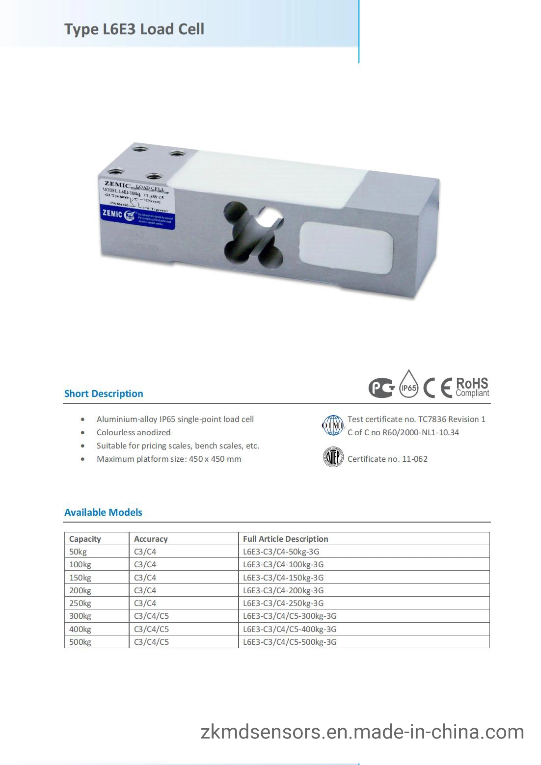 Zemic Single Point Load Cell 50kg Aluminum Alloy Weighing Pressure Sensor