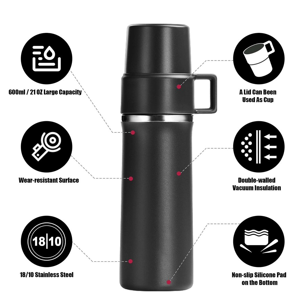 600ml 2 in 1 Wide Mouth Double Wall Stainless Steel Flask Vacuum Water Bottle Thermos with Lid Cup