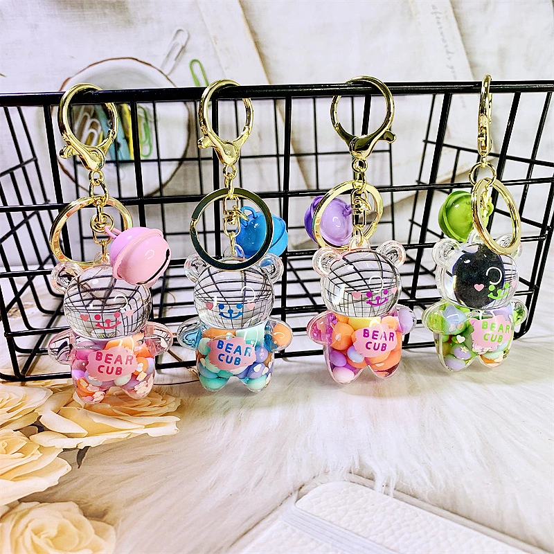 Cute Bear Jelly Beans Floating Liquid Keychain Creative Acrylic Keyring Women Bag Pendant Gift