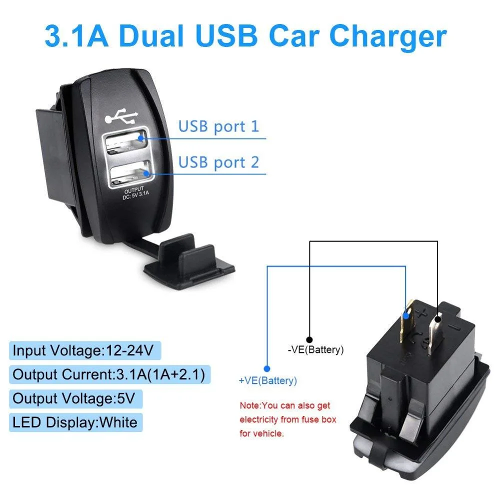 Universal Rocker Style Car USB Charger, with Blue LED Light Dual USB Power Socket for Rocker Switch Panel