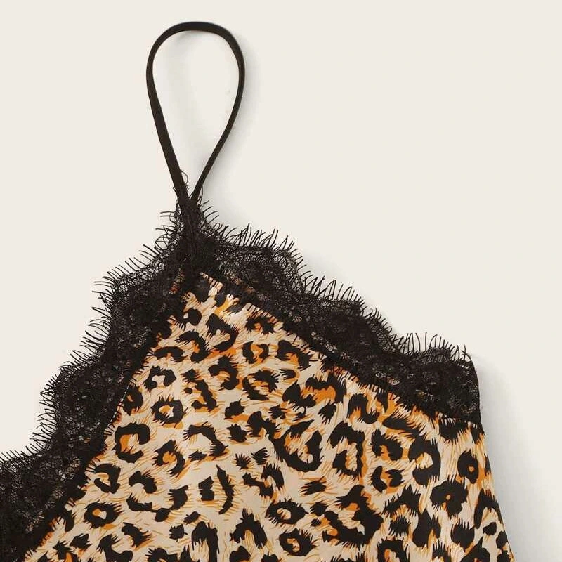 Sexy Leopard Print Sling Solid Color Suit Pajamas