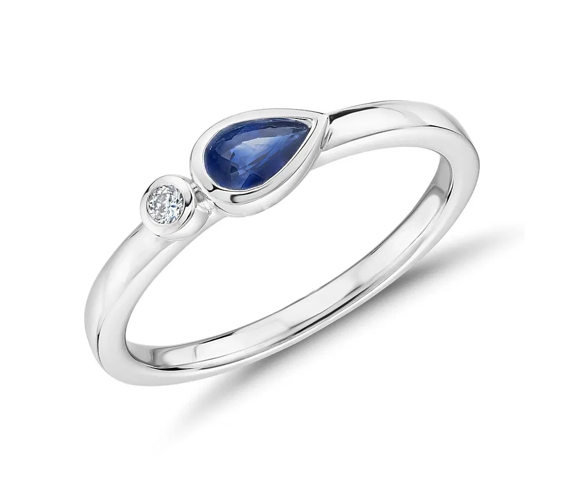 Bezel-Set Pear-Shaped Sapphire and Diamond Stacking Ringin 14K White Gold (3X5mm)