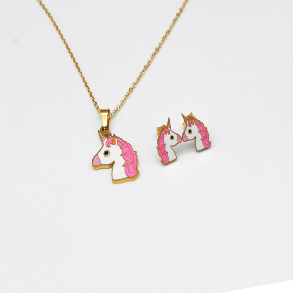 Wholesale/Supplier New Fashion Gold Plated Unicorns Pendant Necklace Earring Jewelry Set for Girls