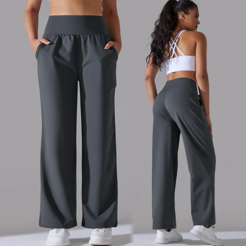 Pantalons de yoga amples à la mode décontractée avec design à jambes larges et effet galbant pour les fesses, avec poches latérales. Pantalons de détente extensibles Tiktok Lounge avec logo personnalisé pour femmes.