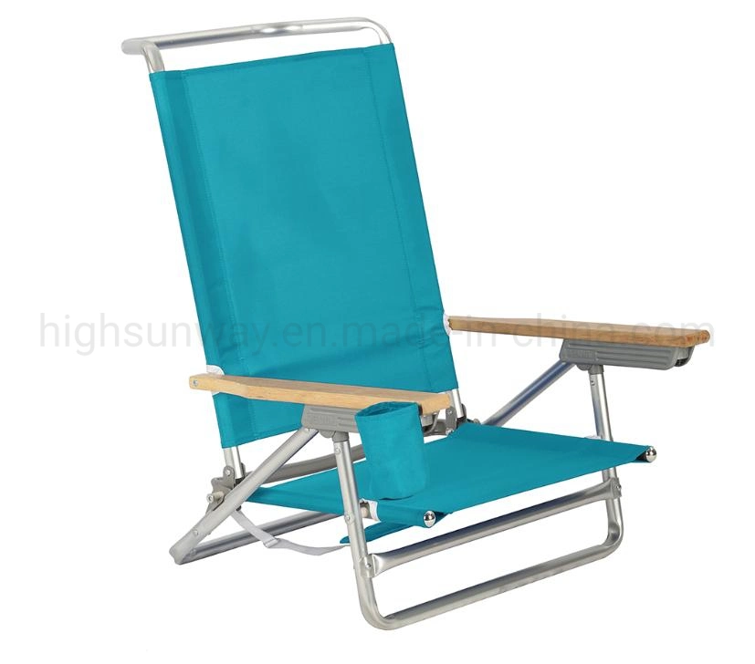 Fashionable Stylish Folding Chair, Aluminum Beach Chair with Wooden Armrest, Camping Chair with Lower Seat and Back Hand Holder