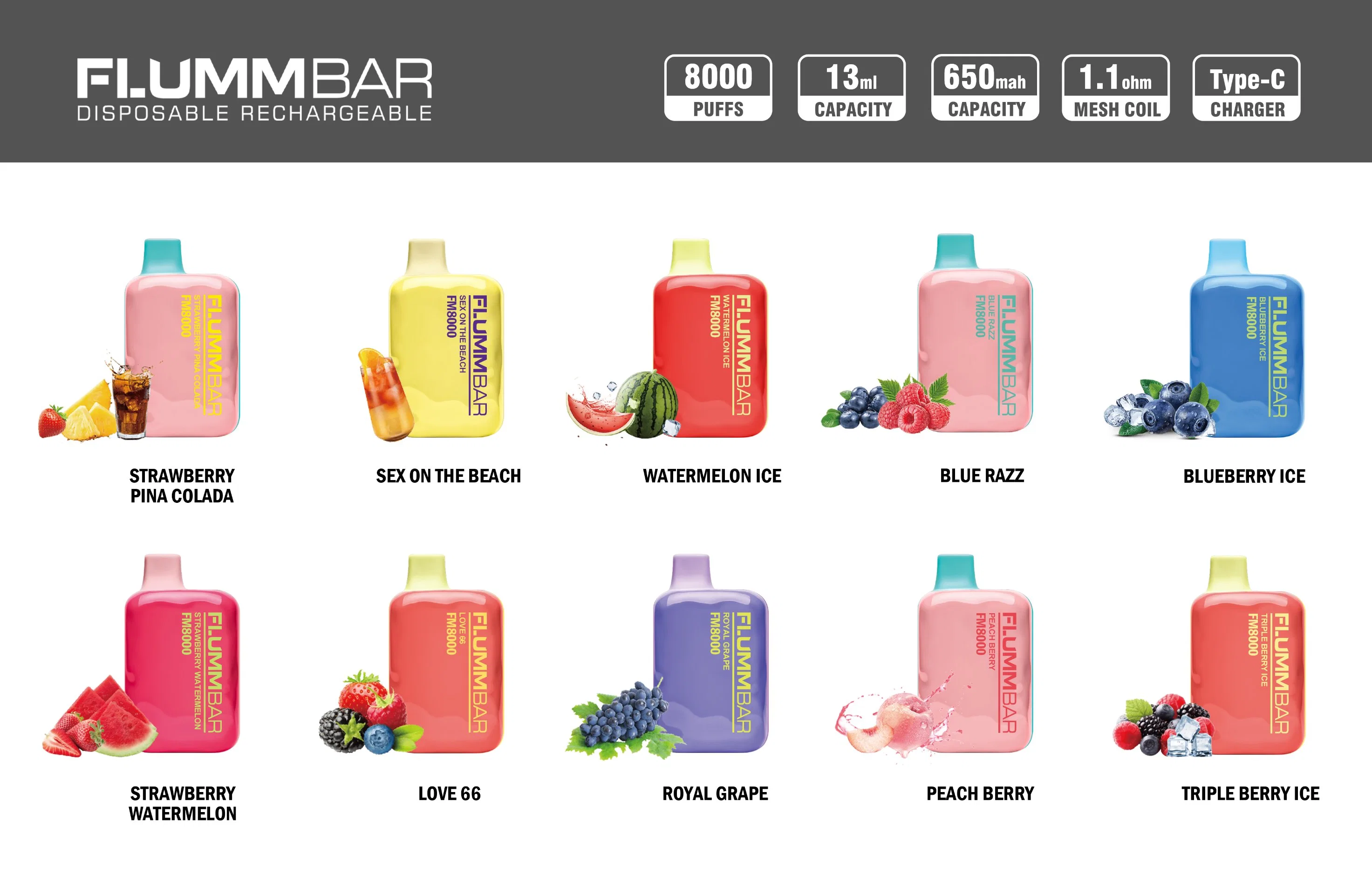 Nuevo diseño Flumm Bar 8000 Puffs 650mAh sabores recargables de frutas VAPE lápiz desechable Vapes Bang XXL E Cigarette Precio de fábrica