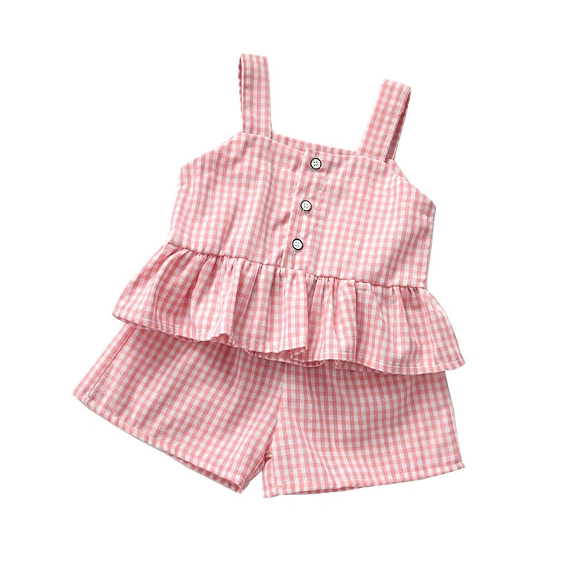 2023 Girls Outfits Baby Clothing Sets Summer Plaid Sling T-Shirt Top Shorts 2PC Princess Suit Kids Clothes