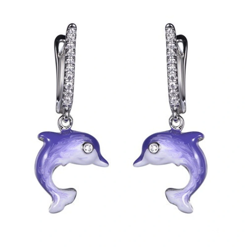 Girl&prime; S 925 Silver Enamel Dolphin Pendant Earring Jewelry Set