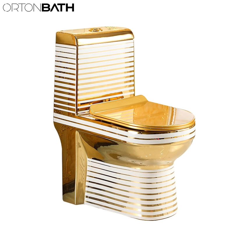 Ortonbath Saso Middle East Wash Down Gold White Lines Electroplating Bathroom Commode Set Floor Standing One Wc Toilet with Seat Cover Bowl Accessories