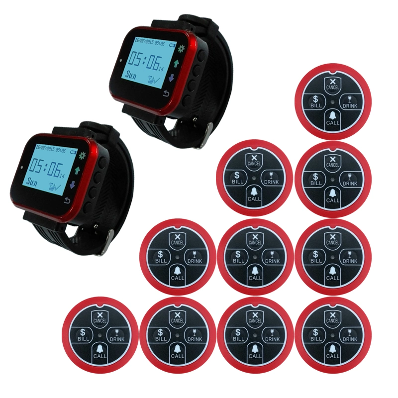 Wireless Pager Restaurant Service Calling System with 10PCS Call Transmitter Button +2PCS Watch Receiver